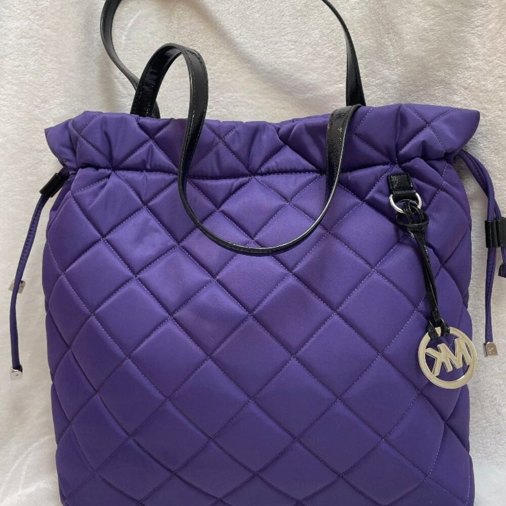 MICHAEL KORRS Purple Nylon Quilted Travel Tote with Black Patent Leather Trim